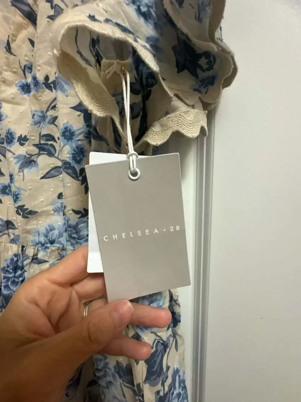 Chelsea28 Beige-Blue Tossed Bloom Floral Print Tiered Mini Dress